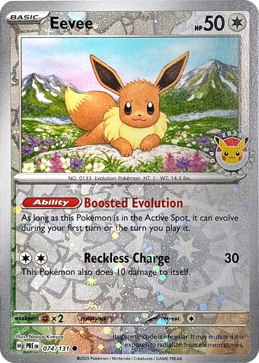 Eevee (074/131) (Pokemon Day 2025) (Reverse Cosmos Holo) [Scarlet & Violet: Prismatic Evolutions] | Fandemonia Ltd