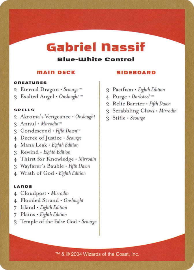 Gabriel Nassif Decklist [World Championship Decks 2004] | Fandemonia Ltd