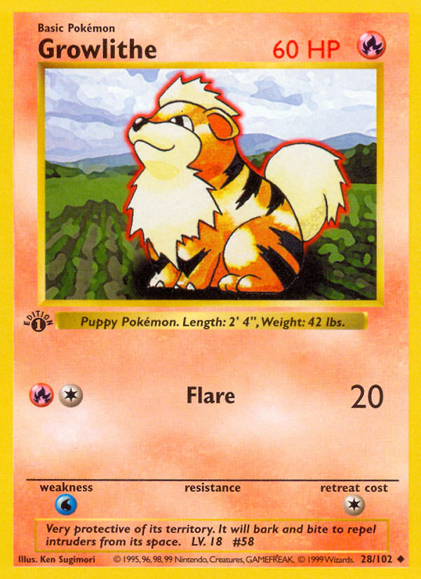 Growlithe (28/102) (Shadowless) [Base Set 1st Edition] | Fandemonia Ltd