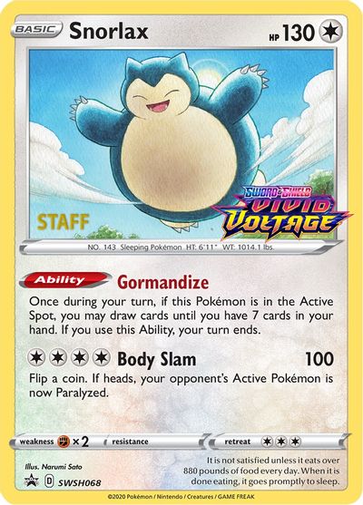 Snorlax (SWSH068) (Staff Prerelease Promo) [Sword & Shield: Black Star Promos] | Fandemonia Ltd