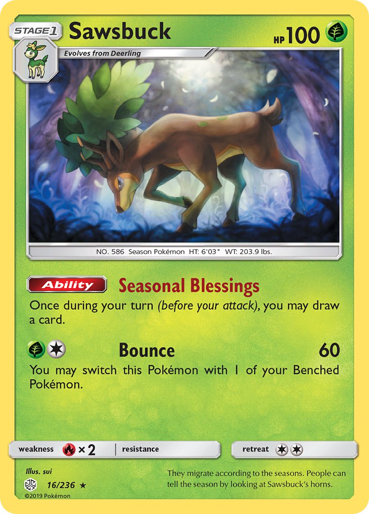 Sawsbuck (16/236) (Prerelease Kit Exclusive) (Theme Deck Exclusive) [Sun & Moon: Cosmic Eclipse] | Fandemonia Ltd