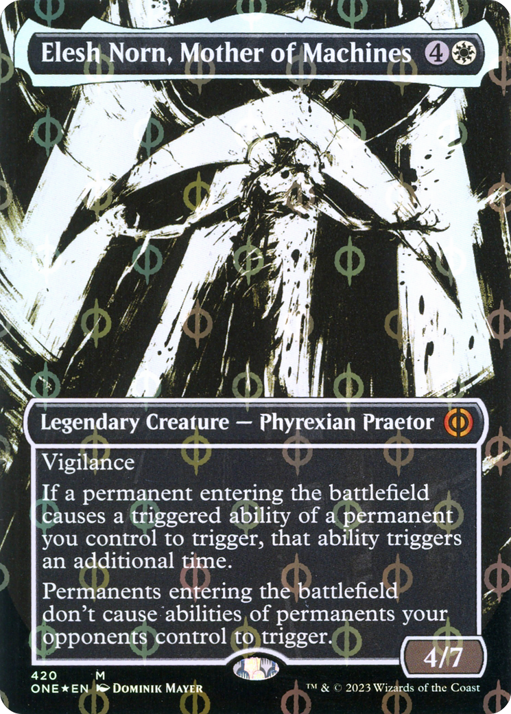 Elesh Norn, Mother of Machines (Borderless Ichor Step-and-Compleat Foil) [Phyrexia: All Will Be One] | Fandemonia Ltd