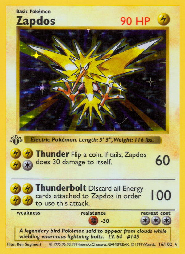 Zapdos (16/102) (Shadowless) [Base Set 1st Edition] | Fandemonia Ltd