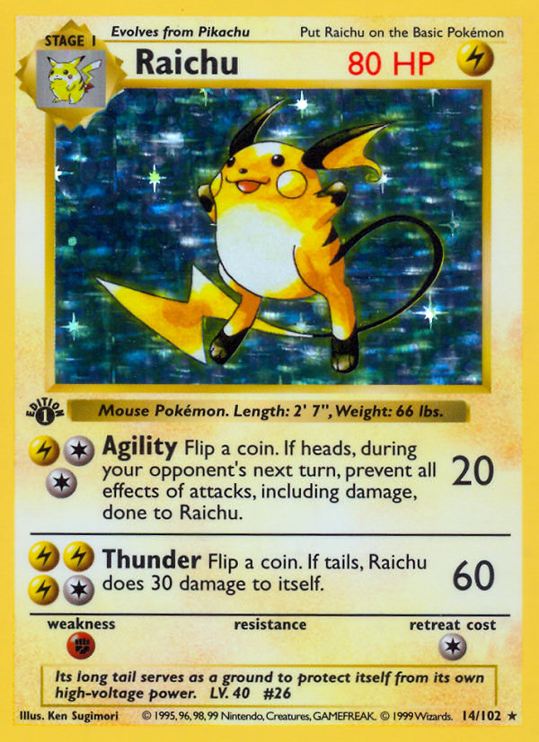 Raichu (14/102) (Shadowless) [Base Set 1st Edition] | Fandemonia Ltd