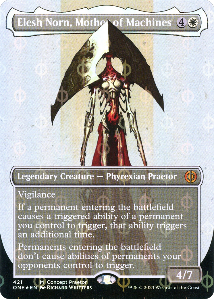 Elesh Norn, Mother of Machines (Borderless Concept Praetors Step-and-Compleat Foil) [Phyrexia: All Will Be One] | Fandemonia Ltd