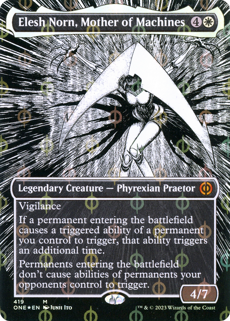 Elesh Norn, Mother of Machines (Borderless Manga Step-and-Compleat Foil) [Phyrexia: All Will Be One] | Fandemonia Ltd