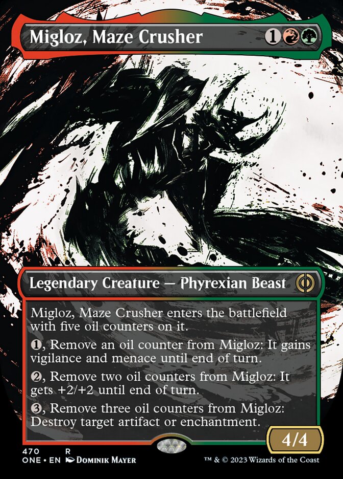 Migloz, Maze Crusher (Borderless Ichor Step-and-Compleat Foil) [Phyrexia: All Will Be One] | Fandemonia Ltd